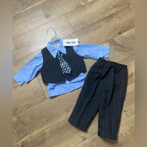 👔 Baby Boy 12M Dressy Set – Blue Shirt, Striped Pants & Tie - Picture 2 of 9